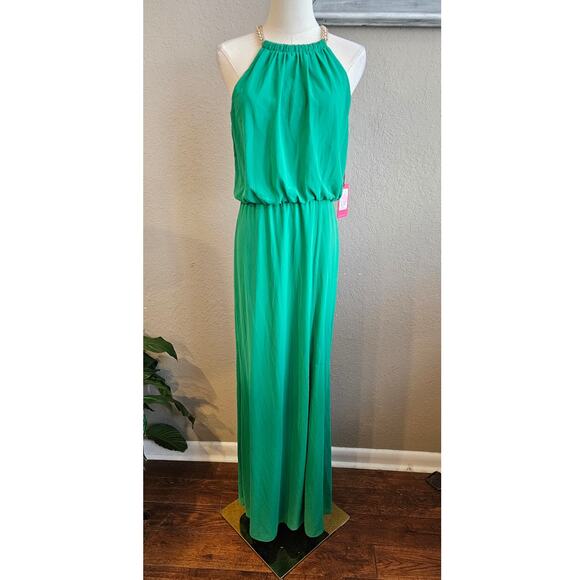 NWT Vince Camuto Women's Chain-Trim Blouson Halter Gown Maxi Dress Size 8 Green - Picture 1 of 10